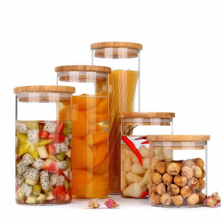 High Borosilicate Glass Storage Round Square Container Jars with Bamboo Wooden Cork Lids