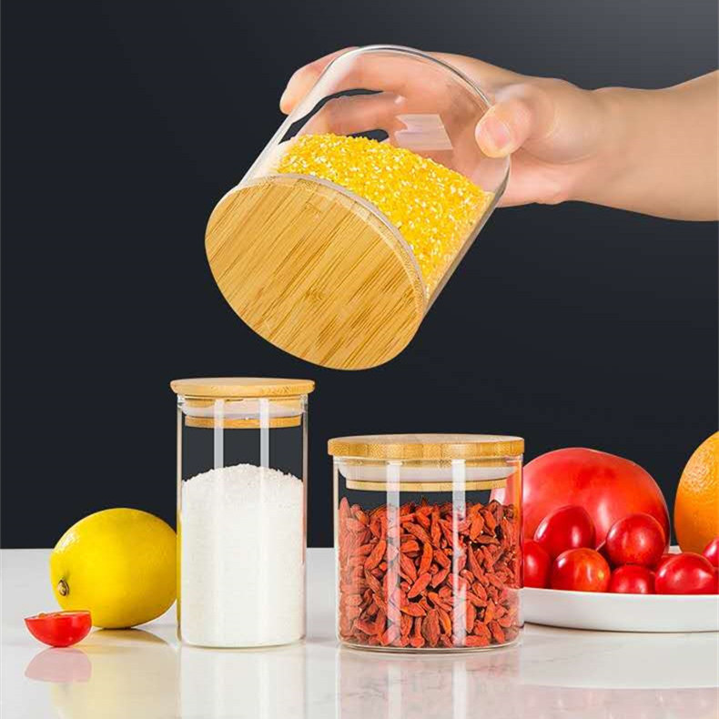 High Borosilicate Glass jars with Bamboo Lids set of 3 Kitchen airtight Containers Wide Mouth Glass Jars