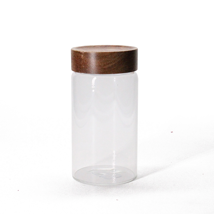 High Borosilicate Hand Made Leaf Free Food Kitchen Glass Storage Jar Glas Jar With Wooden Lid / Glass Jar