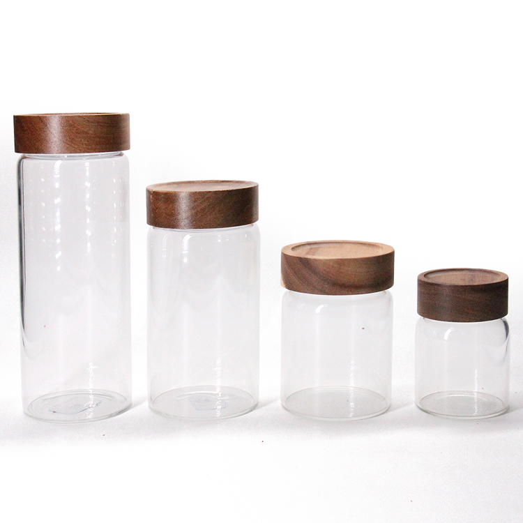 High Borosilicate Hand Made Leaf Free Food Kitchen Glass Storage Jar Glas Jar With Wooden Lid / Glass Jar