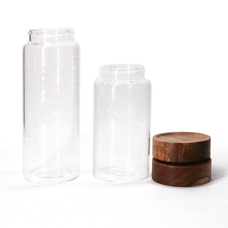 High Borosilicate Hand Made Leaf Free Food Kitchen Glass Storage Jar Glas Jar With Wooden Lid / Glass Jar