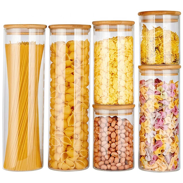 High Borosilicate  glass storage jar bottle with bamboo wood lid glass kitchen food container Storage Bottles & Jars