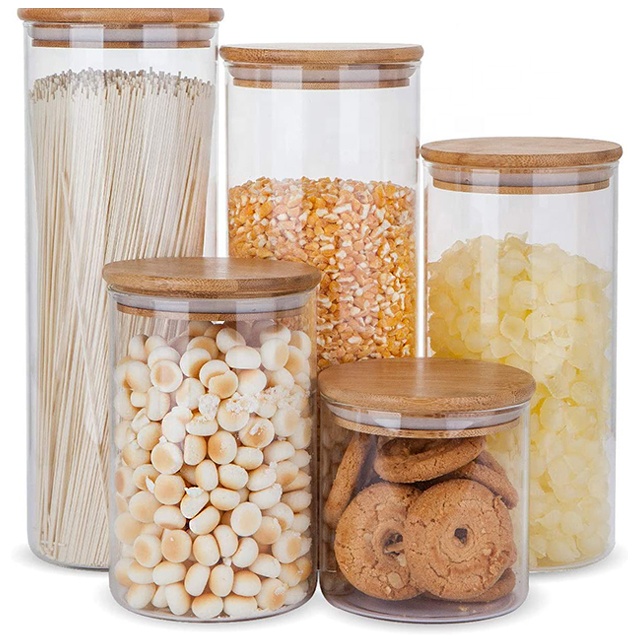 High Borosilicate glass storage jar bottle with bamboo wood lid glass kitchen food container Storage Bottles & Jars