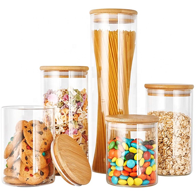 High Borosilicate glass storage jar bottle with bamboo wood lid glass kitchen food container Storage Bottles & Jars