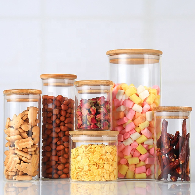 High Borosilicate glass storage jar bottle with bamboo wood lid glass kitchen food container Storage Bottles & Jars
