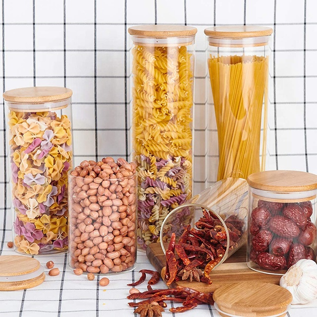 High Borosilicate glass storage jar bottle with bamboo wood lid glass kitchen food container Storage Bottles & Jars