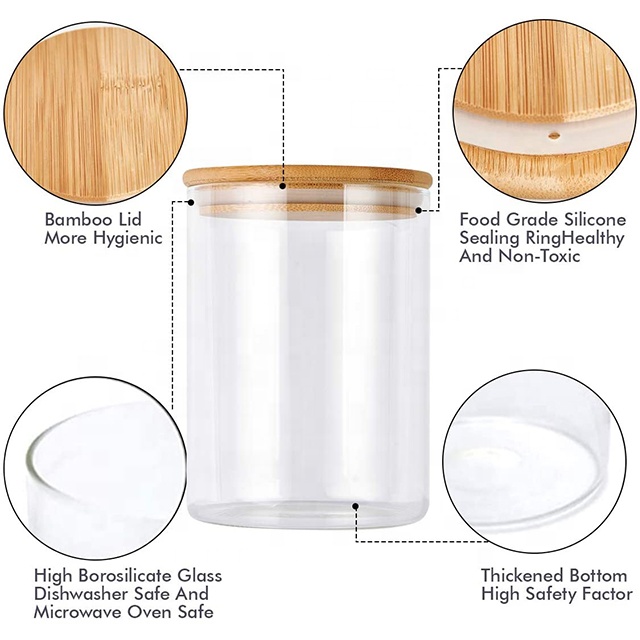 High Borosilicate glass storage jar bottle with bamboo wood lid glass kitchen food container Storage Bottles & Jars
