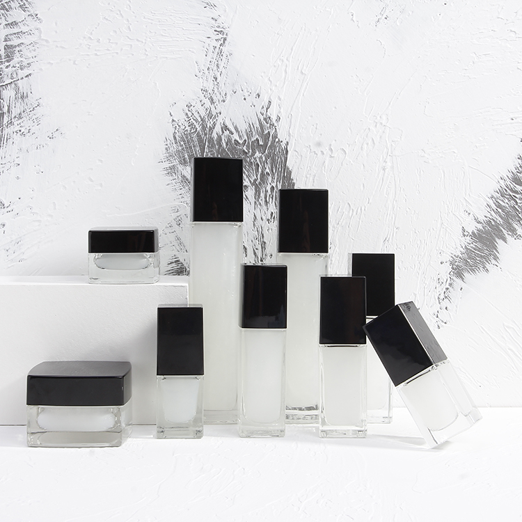 High End Luxury Square Black Glass Toner Bottle Eye Gel Cream Jar Personal Care Packing Set