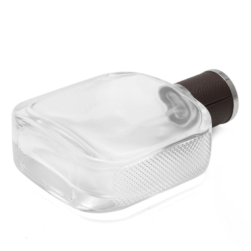 High End Men 100ml Clear Glass Flat Square Atomizer Spray Perfume Bottle With Leather Top