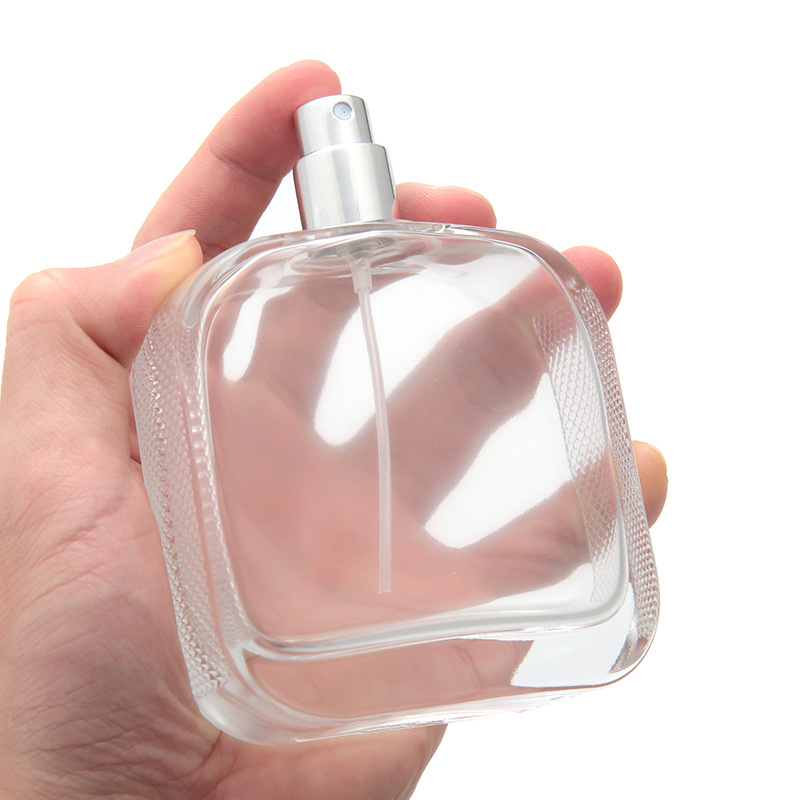 High End Men 100ml Clear Glass Flat Square Atomizer Spray Perfume Bottle With Leather Top