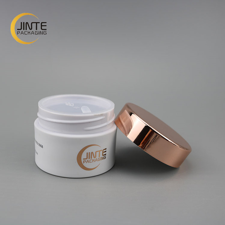 High Luxury Matte White Empty Single Thick Wall Plastic PETG  Cosmetic Skincare Jars with Rose Gold Lid
