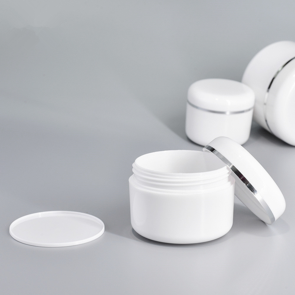 High Quality 100g Empty White Silver Edge Portable Refillable Plastic Cosmetic Makeup Face Cream Jar Sample