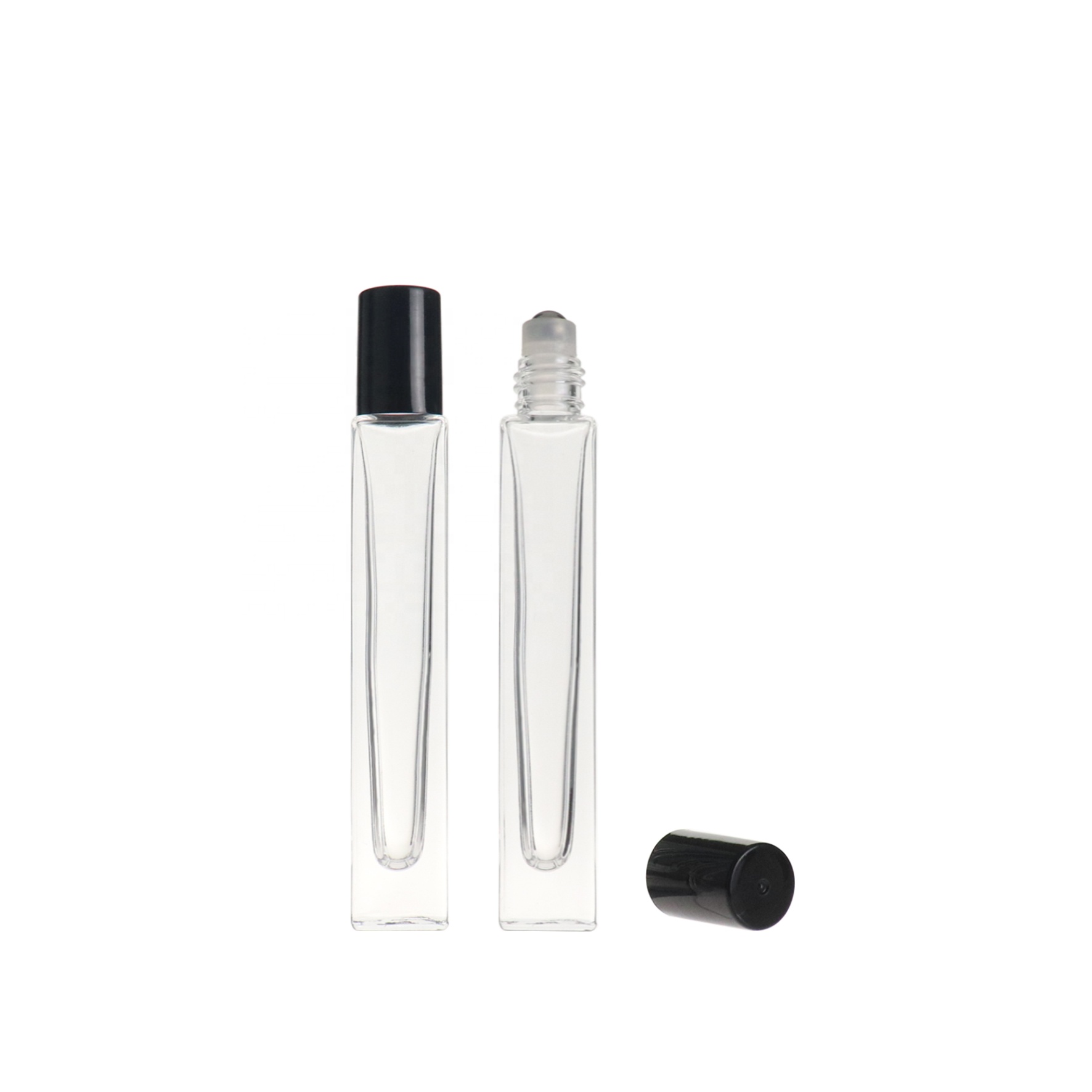 High Quality 10ml Empty Clear Square Perfume Eye Cream Roll on Glass Roller Bottle with Steel Roller Ball and Black Cap