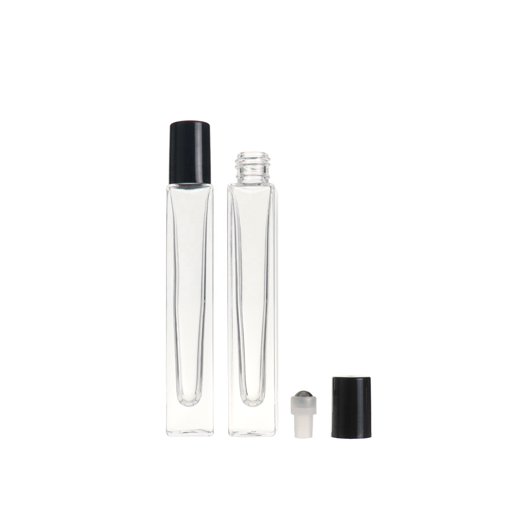 High Quality 10ml Empty Clear Square Perfume Eye Cream Roll on Glass Roller Bottle with Steel Roller Ball and Black Cap