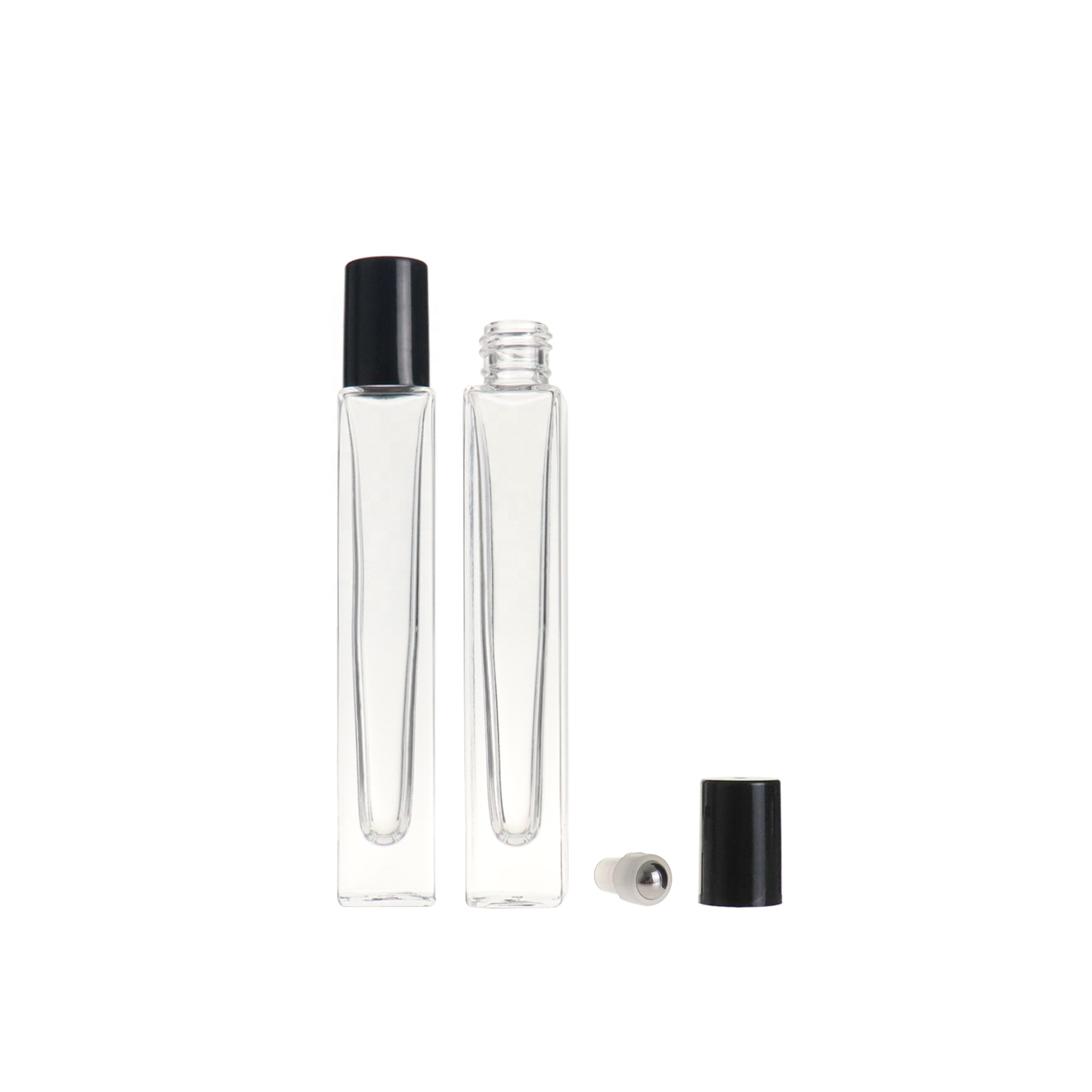 High Quality 10ml Empty Clear Square Perfume Eye Cream Roll on Glass Roller Bottle with Steel Roller Ball and Black Cap