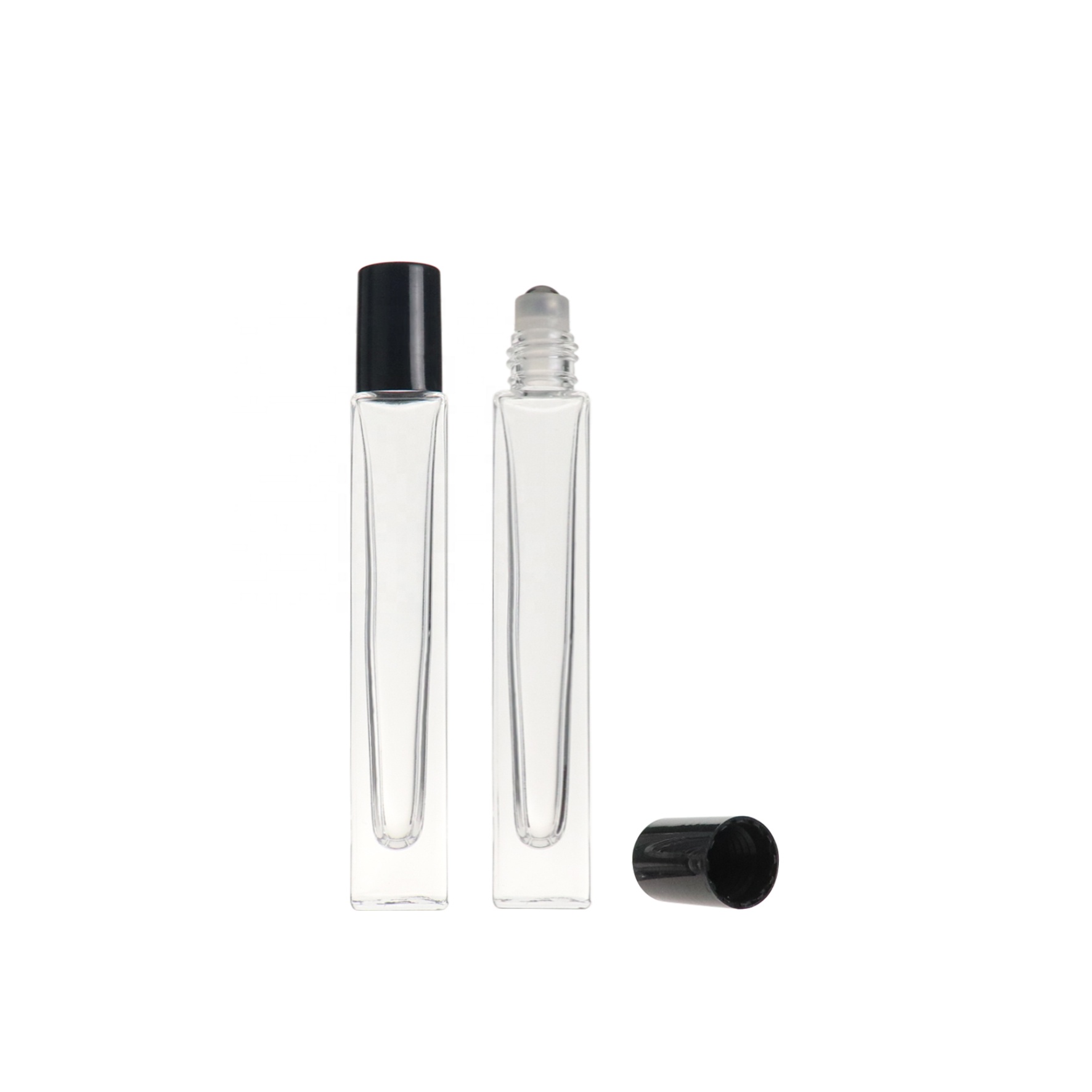 High Quality 10ml Empty Clear Square Perfume Eye Cream Roll on Glass Roller Bottle with Steel Roller Ball and Black Cap