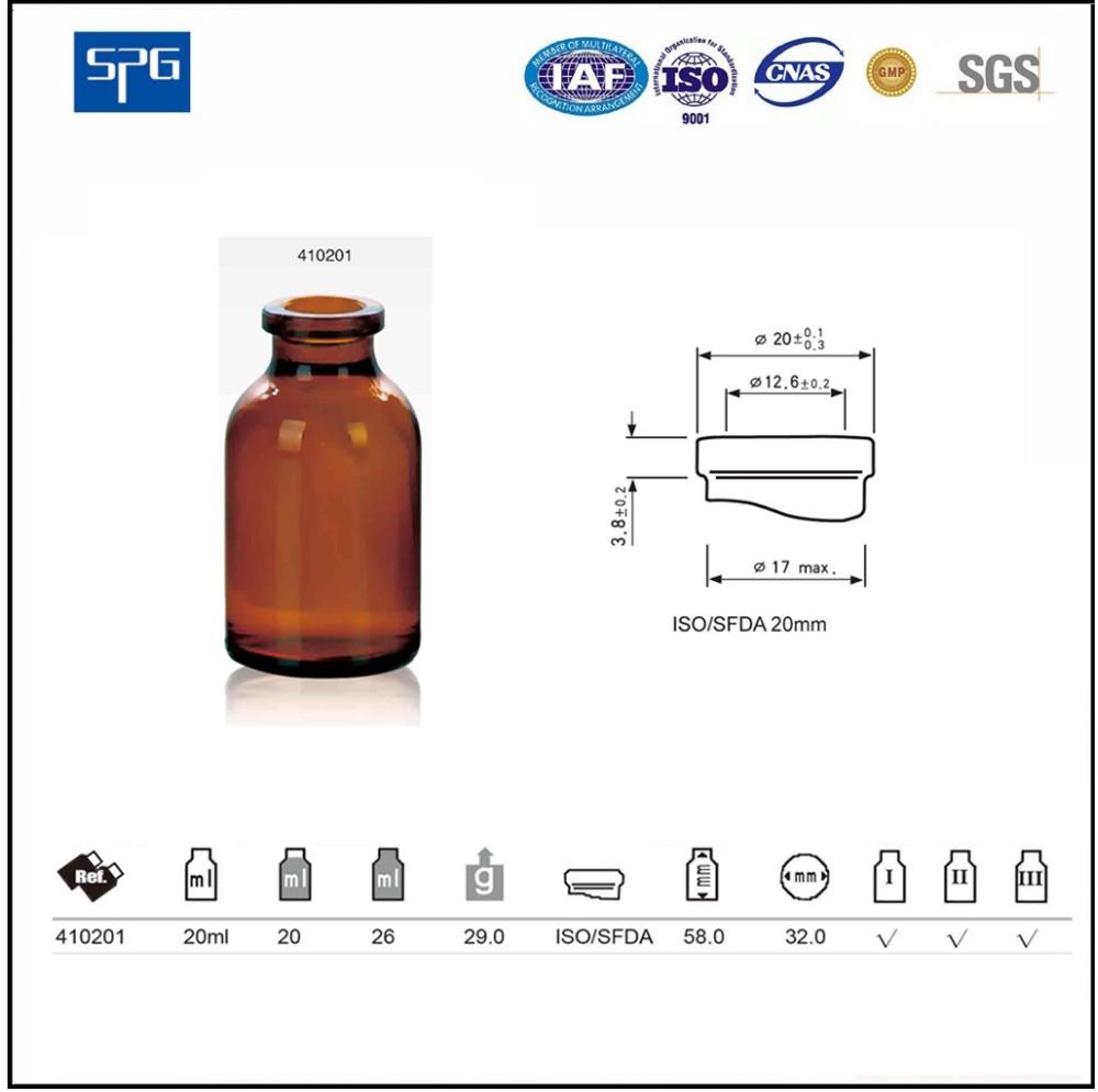 High Quality 10ml Pharmaceutical Glass bottle Amber Injection Vials Ring Finish 20mm