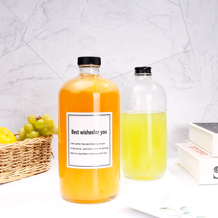 High Quality 1L1000ml Clear Round Glass Bottle with Plastic Screw Lids Smoothie Juice Containers
