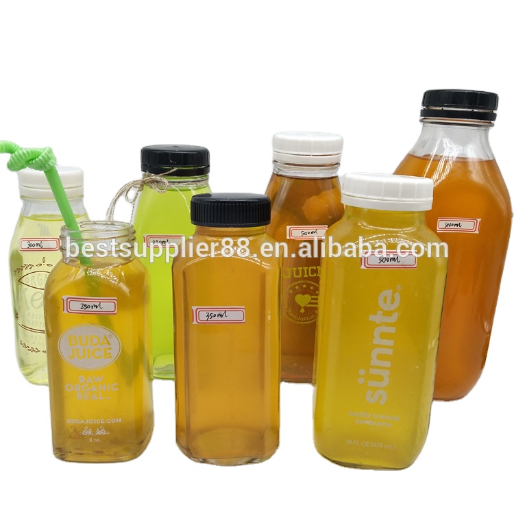 High Quality 250 Ml 300ML 350ML 500 Ml 1000ML French Square Glass Beverage Juice Bottles With Plastic Cap Aluminium Cap