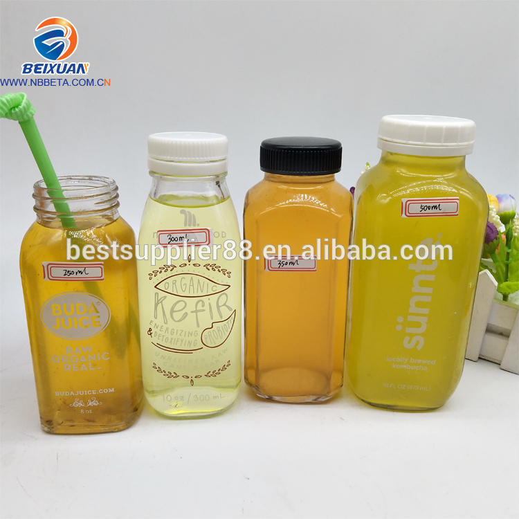 High Quality 250 Ml 300ML 350ML 500 Ml 1000ML French Square Glass Beverage Juice Bottles With Plastic Cap Aluminium Cap