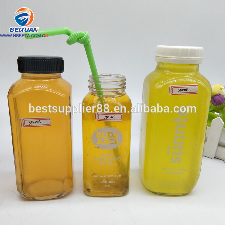 High Quality 250 Ml 300ML 350ML 500 Ml 1000ML French Square Glass Beverage Juice Bottles With Plastic Cap Aluminium Cap