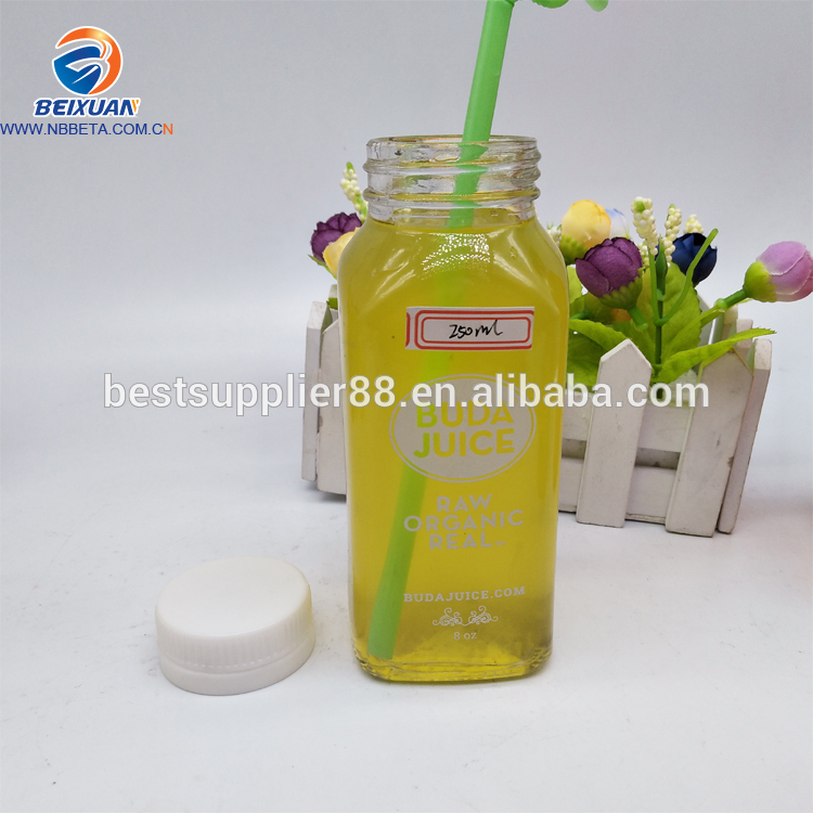 High Quality 250 Ml 300ML 350ML 500 Ml 1000ML French Square Glass Beverage Juice Bottles With Plastic Cap Aluminium Cap