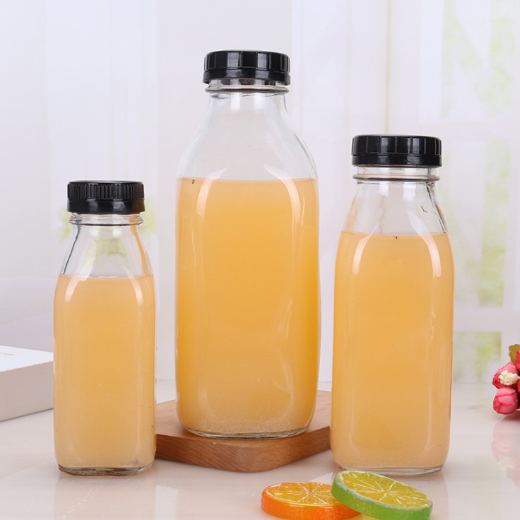 High Quality 250 Ml 300ML 350ML 500 Ml 1000ML French Square Glass Beverage Juice Bottles With Plastic Cap Aluminium Cap