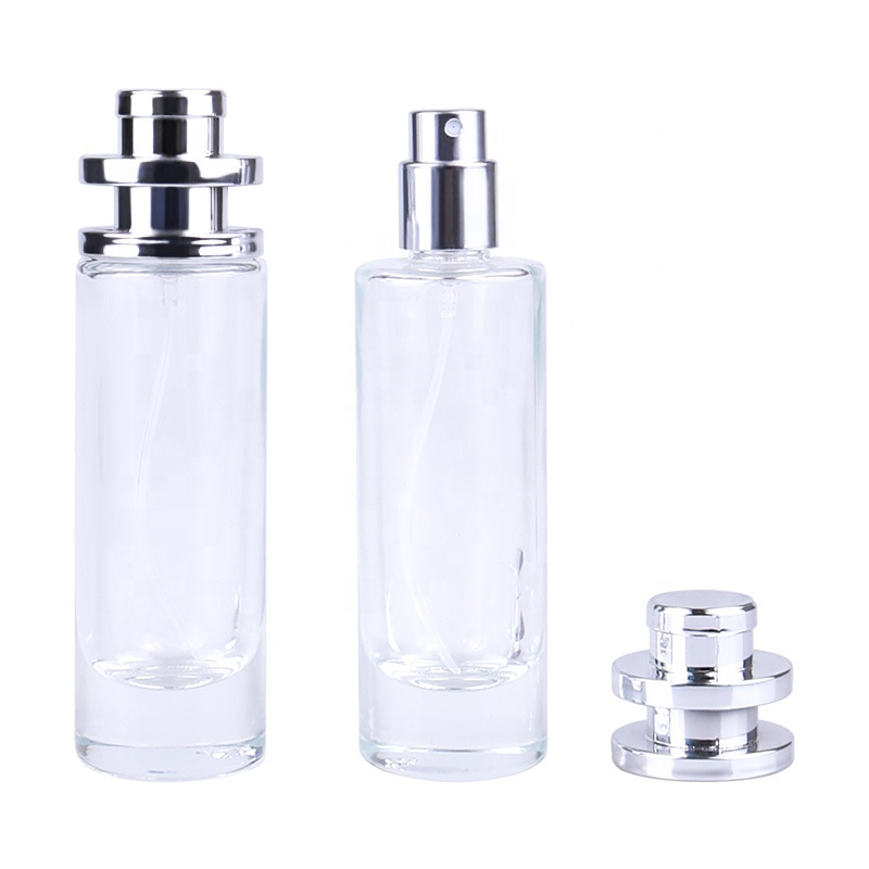 High Quality 35ml Perfume Cylindrical Glass Bottle Personal Care Screw Cap with Pump and Spray Acid Etch