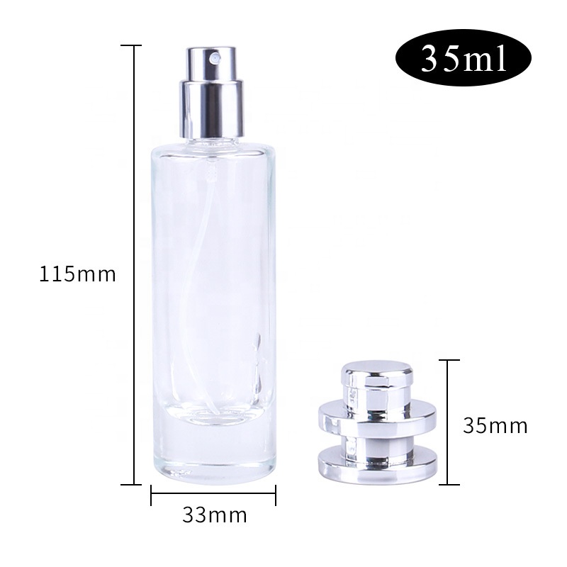 High Quality 35ml Perfume Cylindrical Glass Bottle Personal Care Screw Cap with Pump and Spray Acid Etch