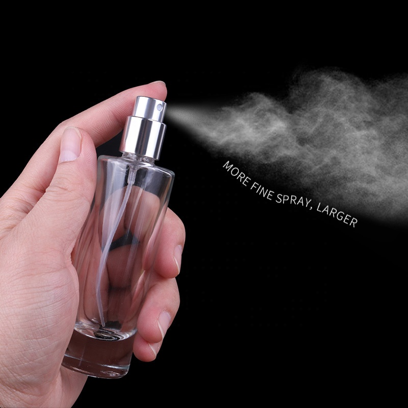 High Quality 35ml Perfume Cylindrical Glass Bottle Personal Care Screw Cap with Pump and Spray Acid Etch