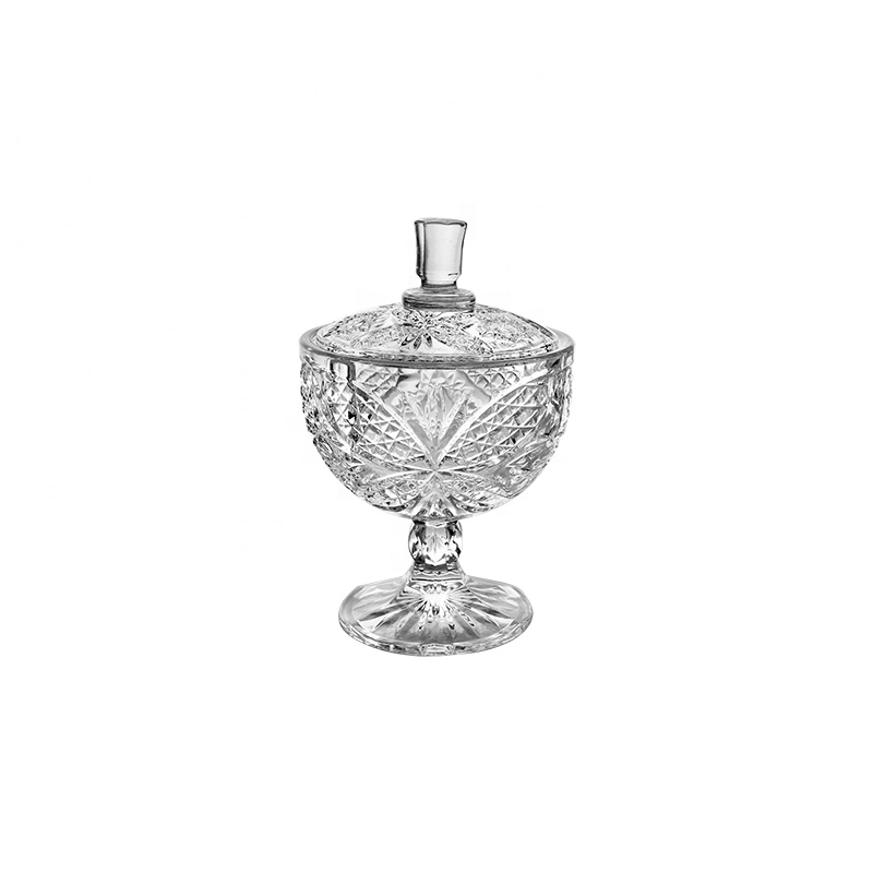 High Quality 4 inch Transparent Glass Canister with Stem for Dried Fruits Clear Glass Candy Pot Sugar Jar with Lid