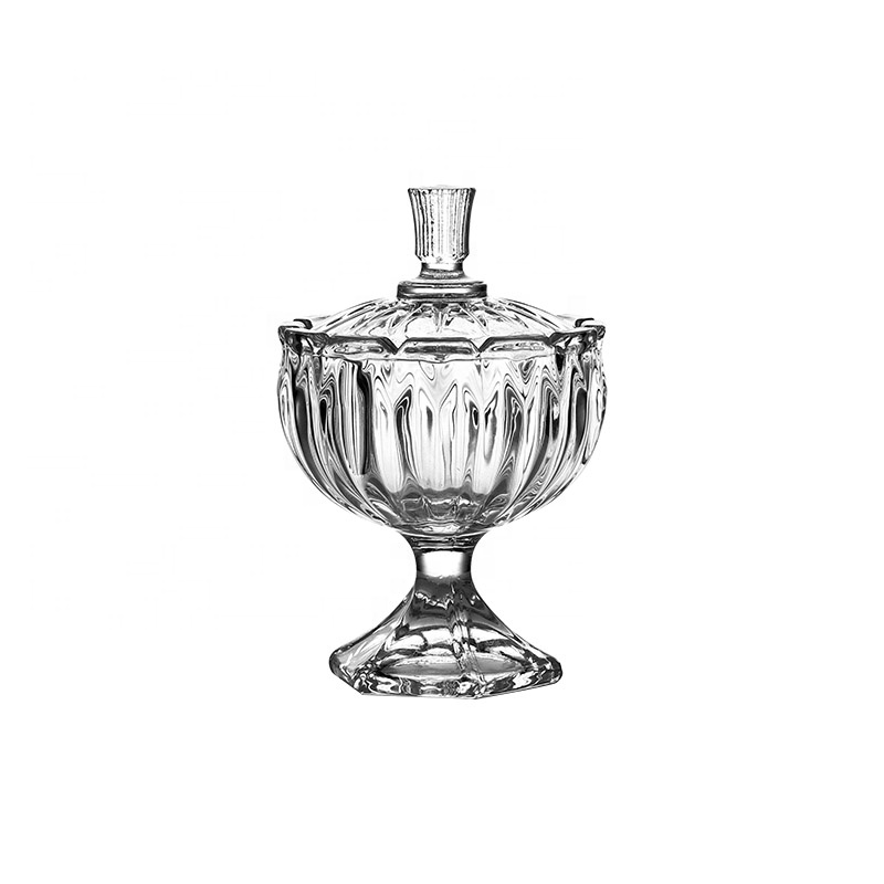 High Quality 4 inch Transparent Glass Canister with Stem for Dried Fruits Clear Glass Candy Pot Sugar Jar with Lid