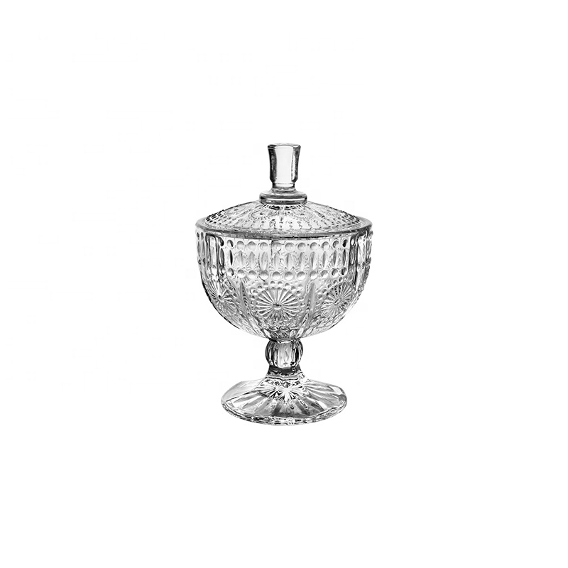 High Quality 4 inch Transparent Glass Canister with Stem for Dried Fruits Clear Glass Candy Pot Sugar Jar with Lid
