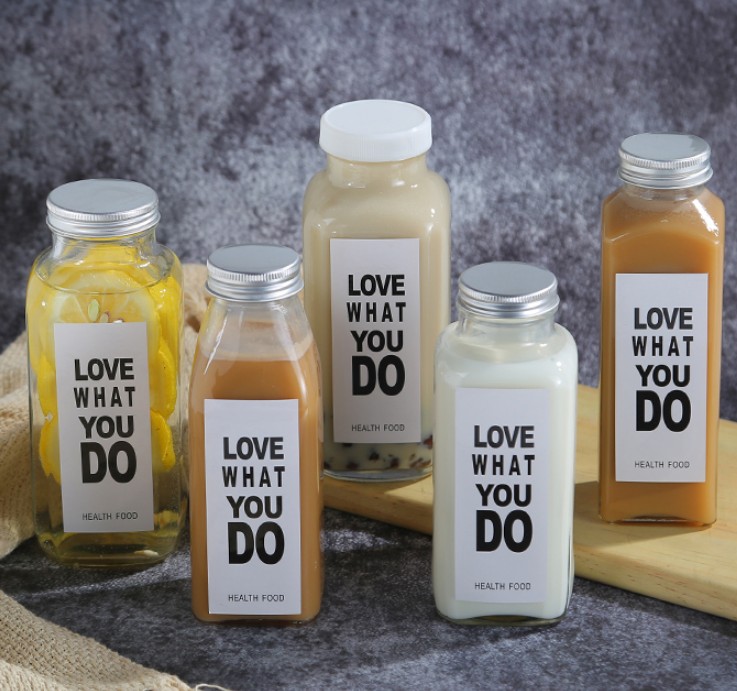 High Quality 60ml 250 ml 500 ml 1000ml French Square Glass Beverage Juice Bottles With Plastic Cap Aluminium Cap