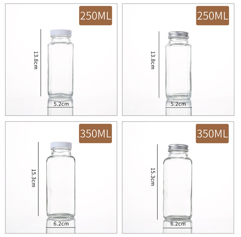 High Quality 60ml 250 ml 500 ml 1000ml French Square Glass Beverage Juice Bottles With Plastic Cap Aluminium Cap