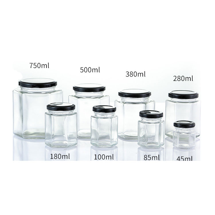 High Quality 6oz 180ml storage bottles Hexagon shape honey jam glass jar with mental black lids