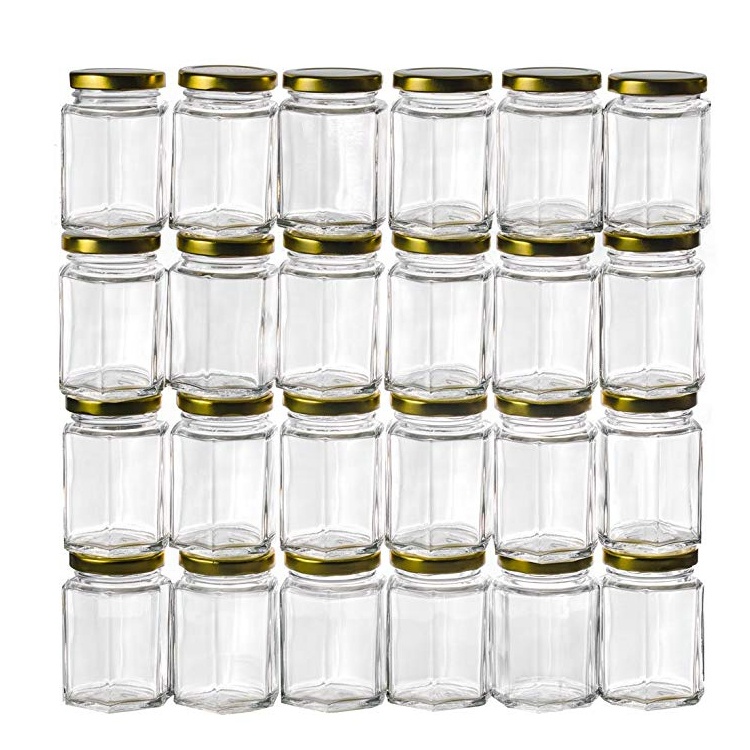 High Quality 6oz 190ml storage bottles Hexagon shape honey jam glass jar with mental black lids
