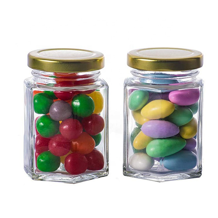 High Quality 6oz 190ml storage bottles Hexagon shape honey jam glass jar with mental black lids