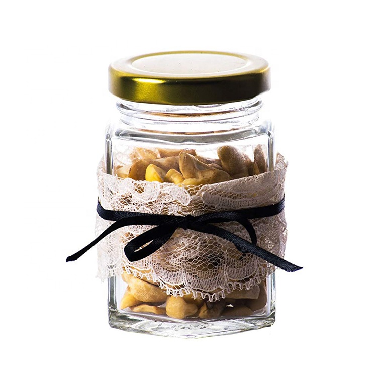 High Quality 6oz 190ml storage bottles Hexagon shape honey jam glass jar with mental black lids