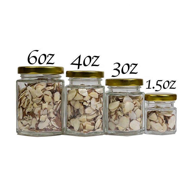 High Quality 6oz 190ml storage bottles Hexagon shape honey jam glass jar with mental black lids