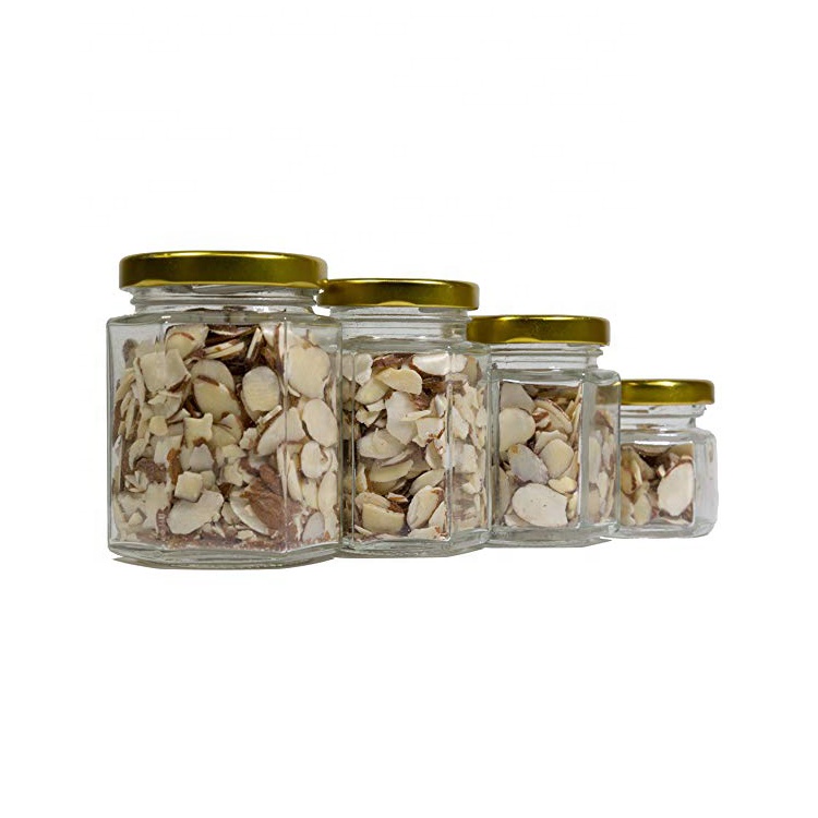 High Quality 6oz 190ml storage bottles Hexagon shape honey jam glass jar with mental black lids