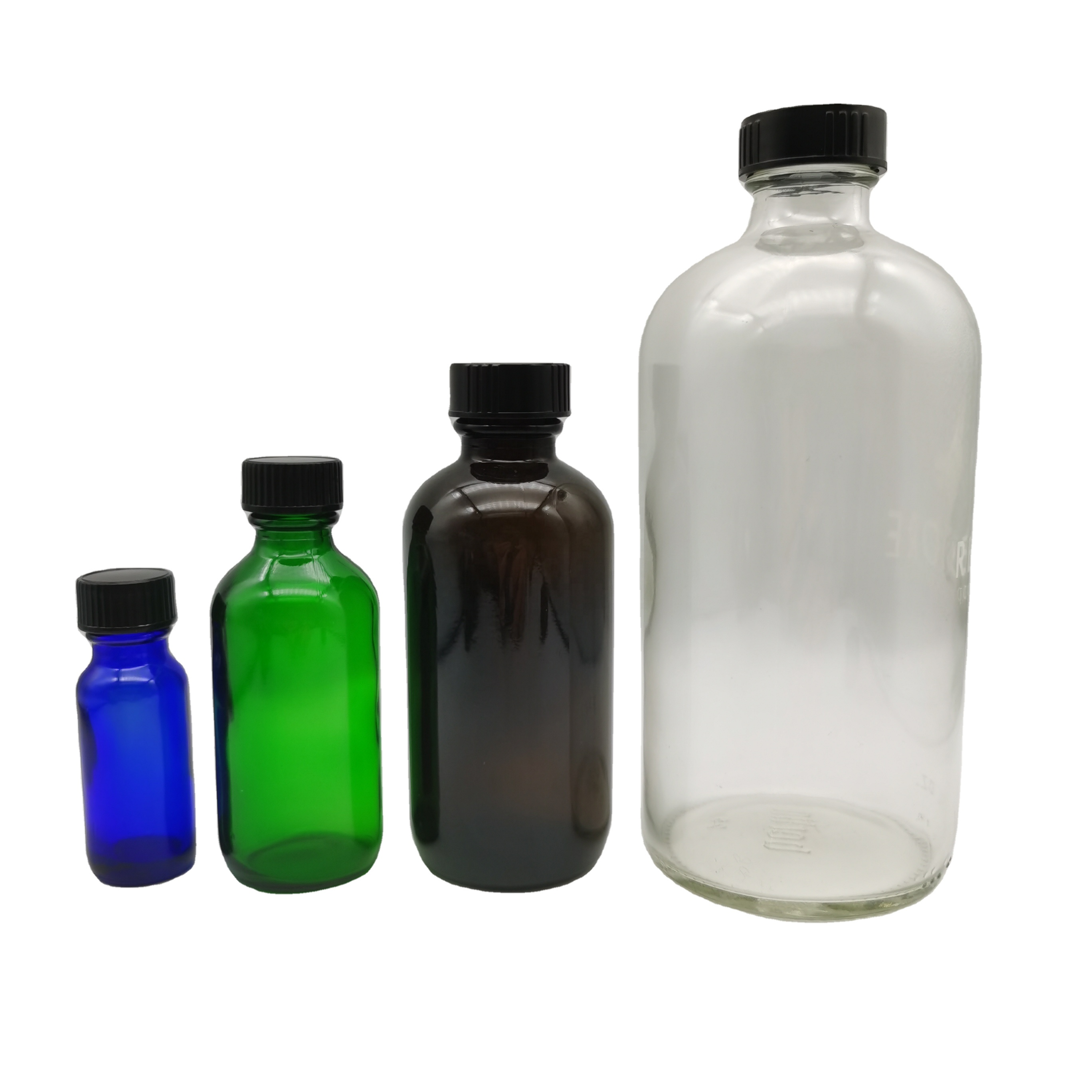 High Quality Boston Round Glass Bottle With Black  Phenolic Cone Line Caps