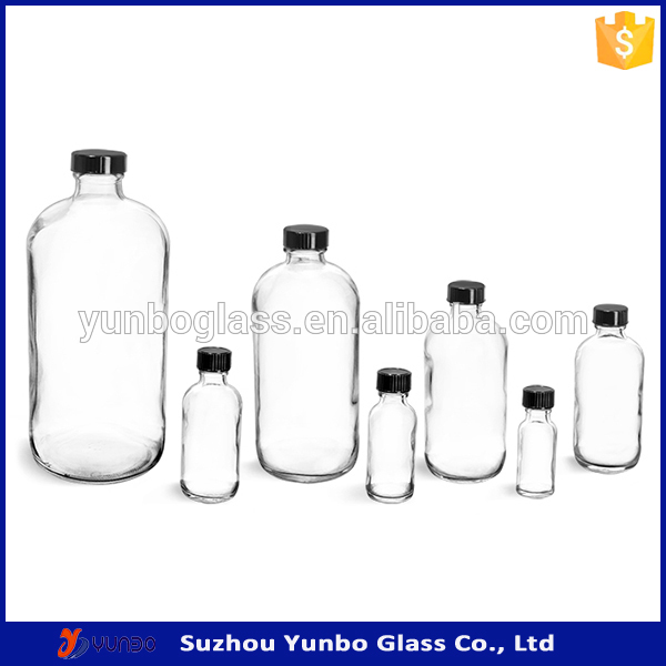 High Quality Boston Round Glass Bottle With Black Phenolic Cone Line Caps