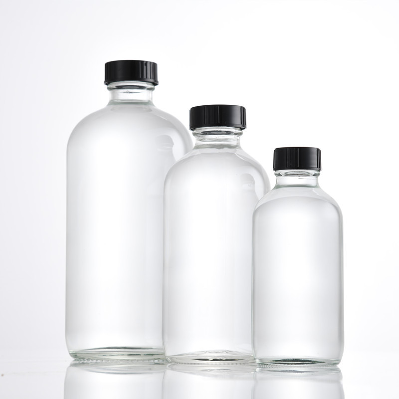High Quality Clear Boston Round Glass Bottle With Black Twist Lid For Refillable Container