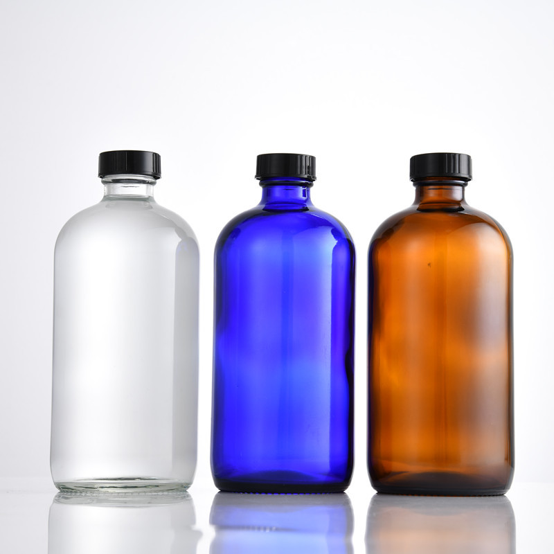 High Quality Clear Boston Round Glass Bottle With Black Twist Lid For Refillable Container