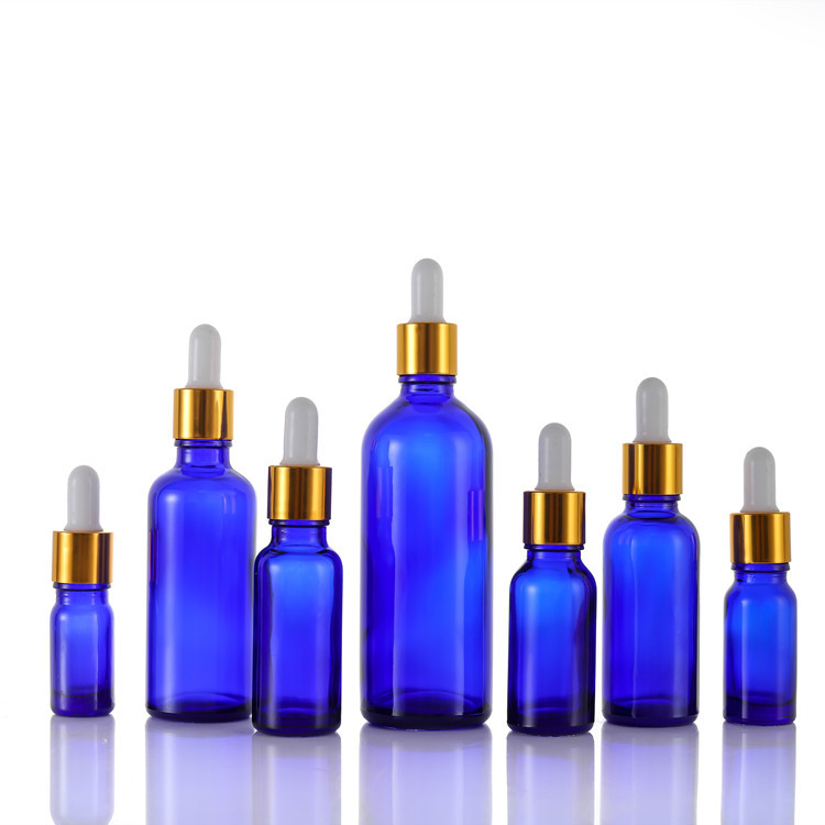 High Quality Cobalt blue European Dropper glass bottles  With Gold Metal Glass Dropper  Cap With Pipette