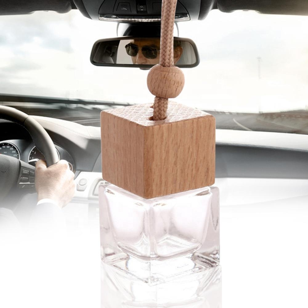 High Quality Diffuser Auto Decoration Wooden Lid Cotton Rope Car Perfume Glass Square Hang Diffuser Bottle