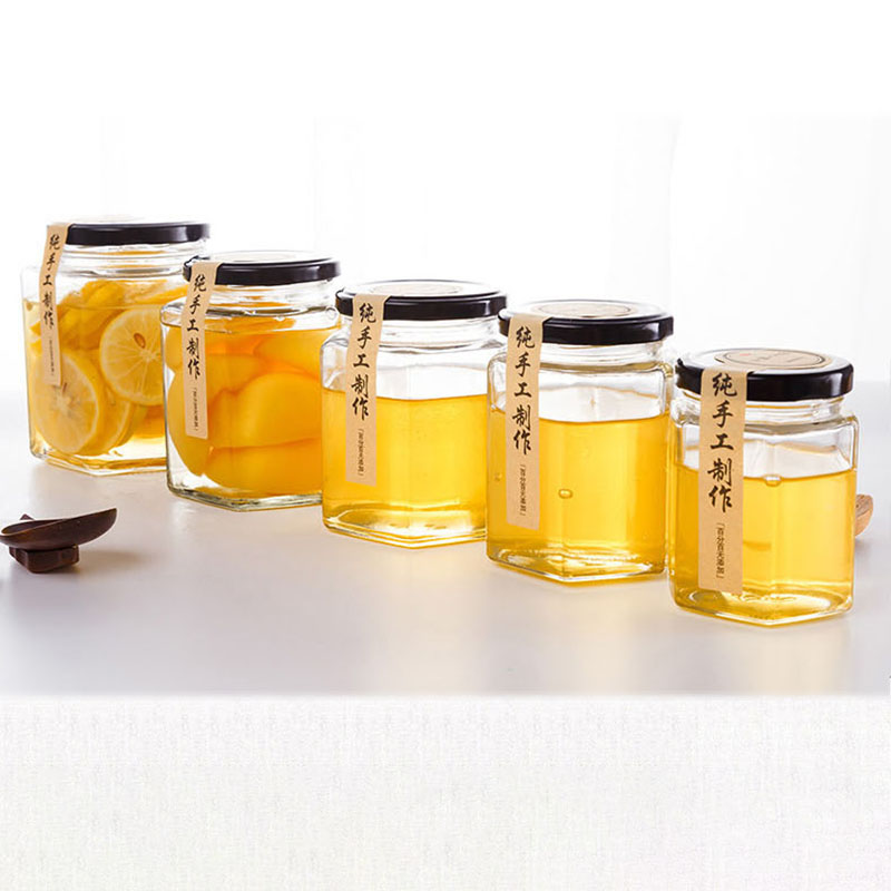 High Quality Empty honey glass bottle jam honey glass jar honey hexagon jar