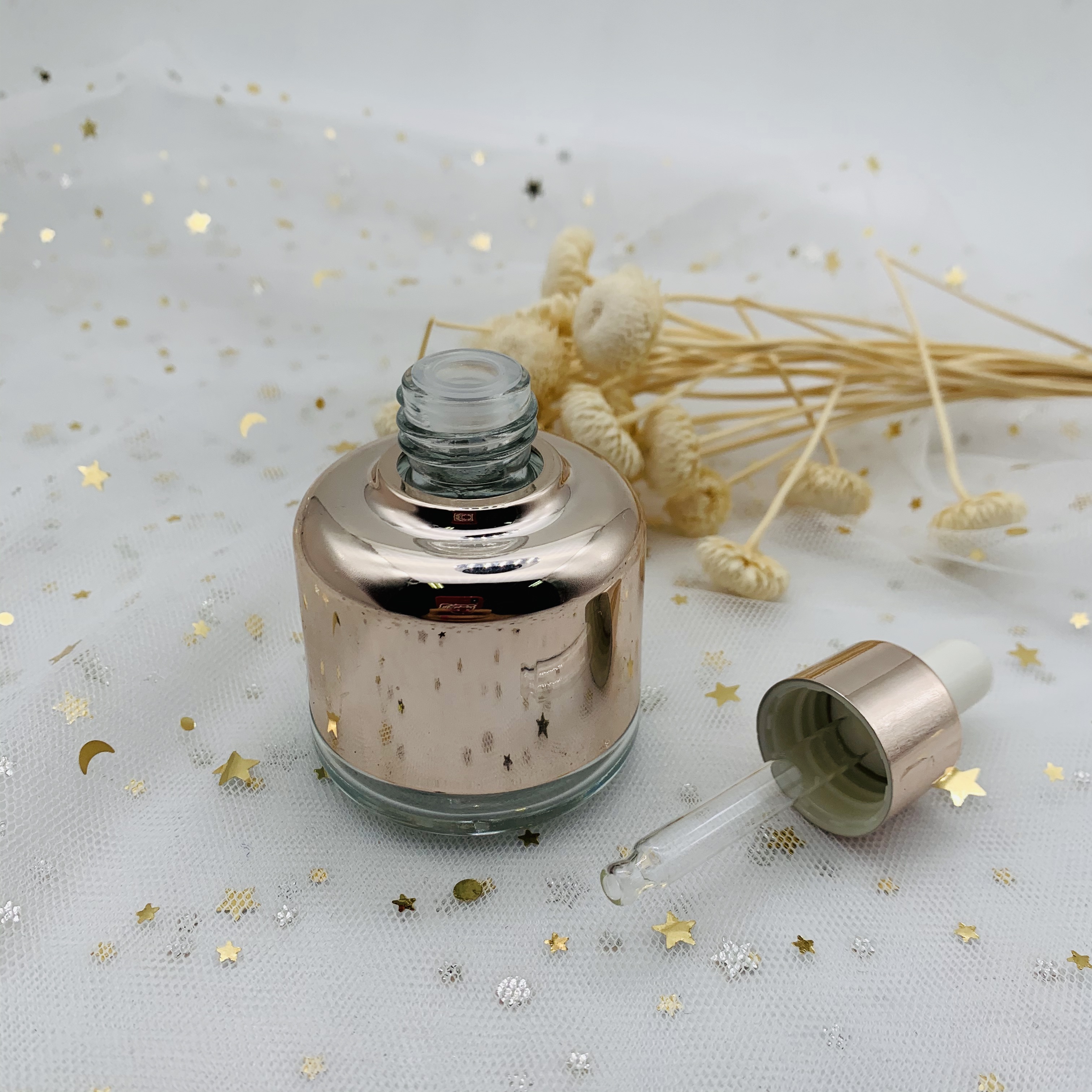 High Quality Gold Sliver 30ml Cosmetic Oil Bottle With Dropper