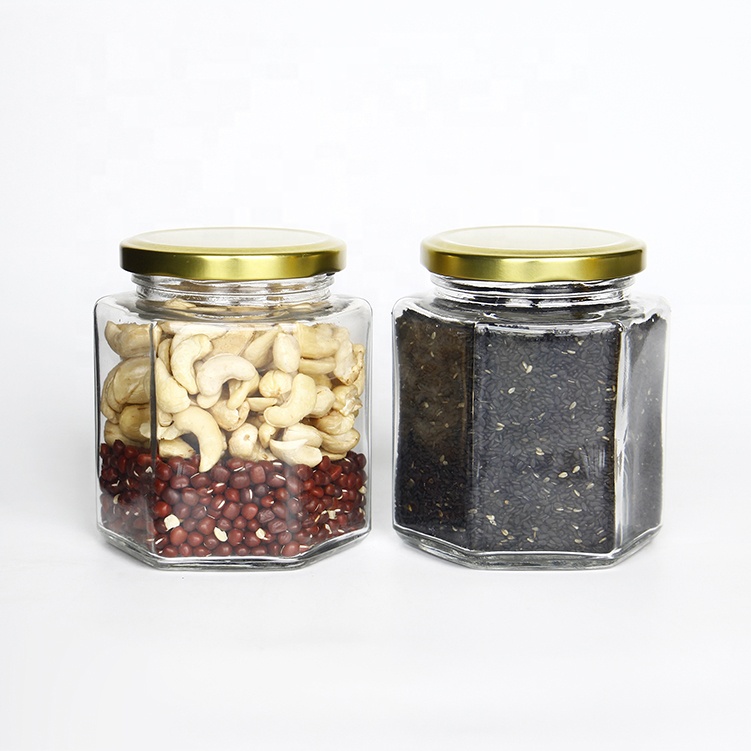 High Quality Hexagonal Glass Jars With Tin Lid Bottle Food Storage Lug Cap Packaging Containers